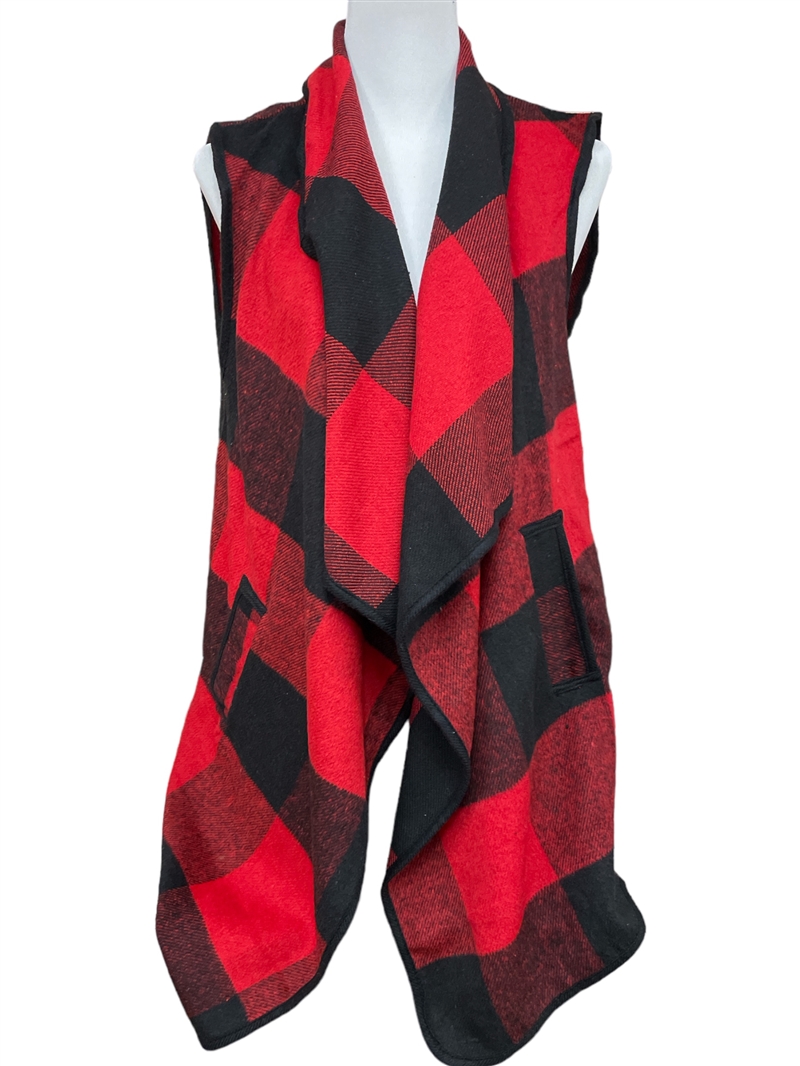 EVT10049-1 BLACK AND RED BUFFALO PLAID LOOSE VEST