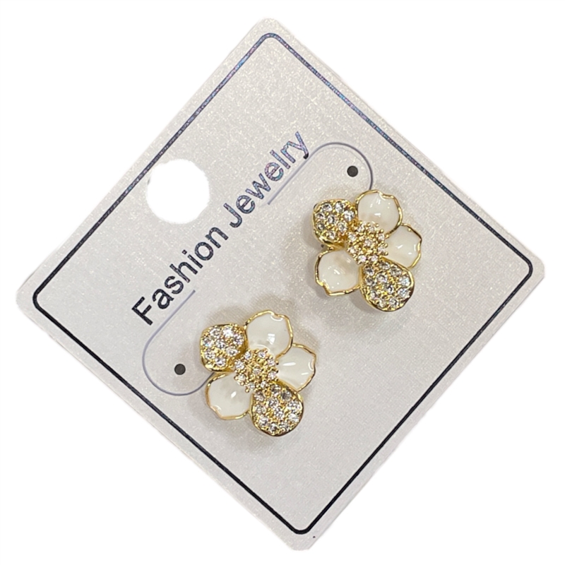 F295F WHITE & RHINESTONES FLOWER EARRINGS