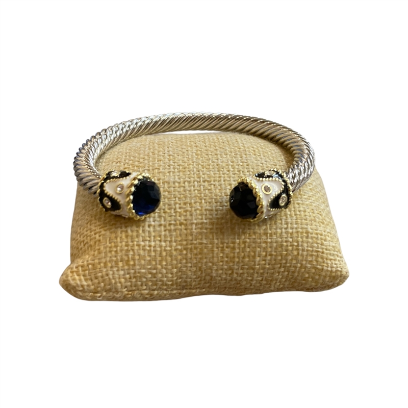 FB1381 BLUE CRYSTAL THICK TWO TONE ANTIQUE CUFF BRACELET