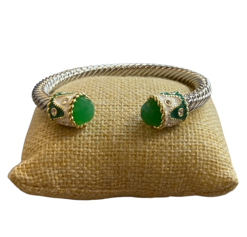 FB1381 GREEN CRYSTAL THICK TWO TONE ANTIQUE CUFF BRACELET