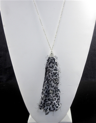 FBT002 GRAY LEOPARD PRINT FABRIC TASSEL NECKLACE