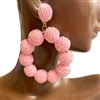 FE7007 PINK  BEADED STRAW HOOP  EARRINGS