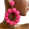 FE7007HP  HOT PINK  BEADED STRAW HOOP  EARRINGS