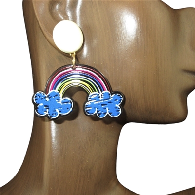 FER5223 BLUE ACRYLIC DOODLE  RAINBOW POST DANGLE EARRINGS