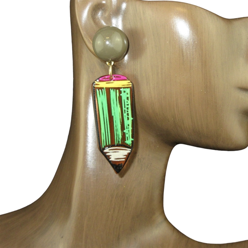 FER5232 BROWN ACRYLIC DOODLE  PENCIL POST DANGLE EARRINGS