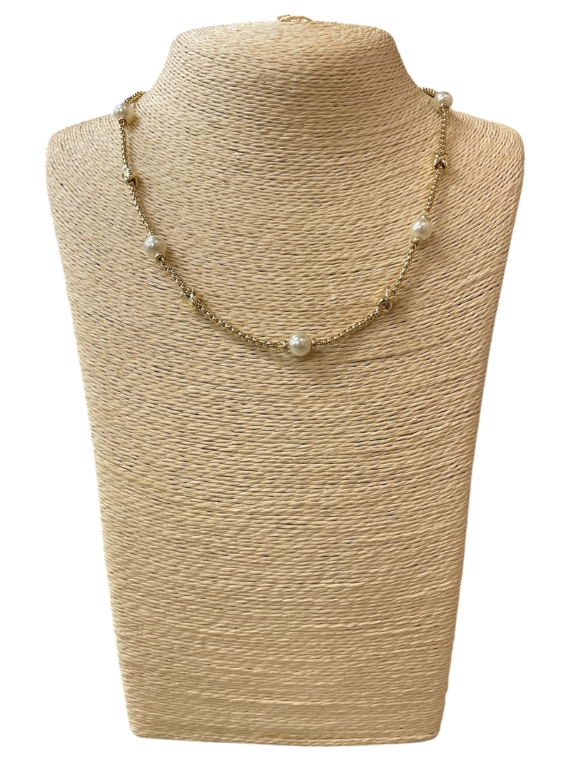 FN1161 ANTIQUE CHAIN PEARL BEADED SHORT NECKLACE