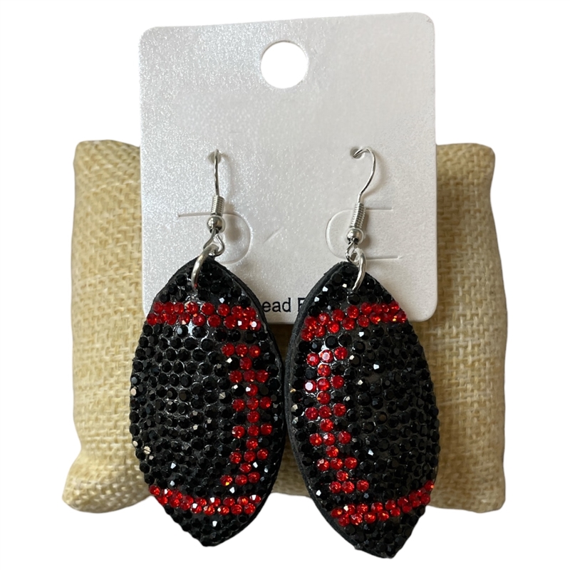 FT01 BLACK & RED FOOTBALL RHINESTONE PUFF EARRINGS