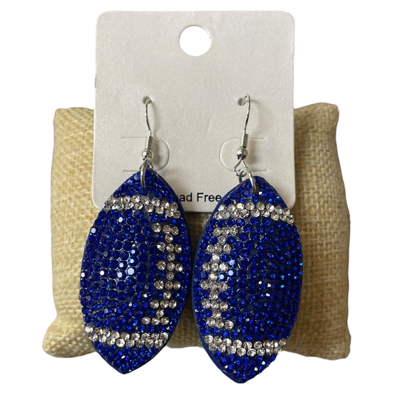 FT02 BLUE & CLEAR FOOTBALL RHINESTONE PUFF EARRINGS