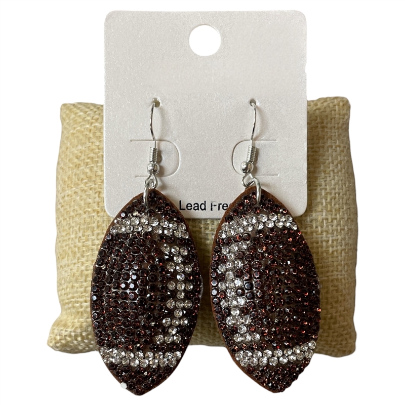 FT03 BROWN & CLEAR FOOTBALL RHINESTONE PUFF EARRINGS