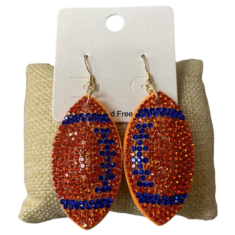 FT04 ORANGE & BLUE FOOTBALL RHINESTONE PUFF EARRINGS