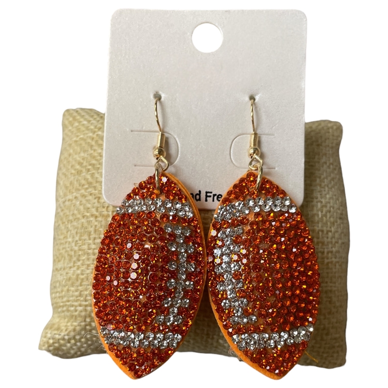 FT05 ORANGE & CLEAR FOOTBALL RHINESTONE PUFF EARRINGS