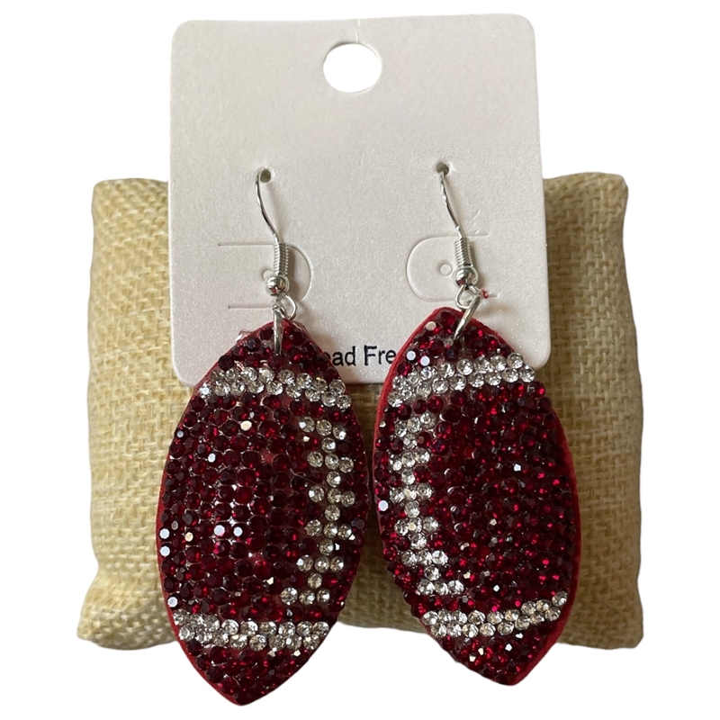 FT06 RED & CLEAR FOOTBALL RHINESTONE PUFF EARRINGS