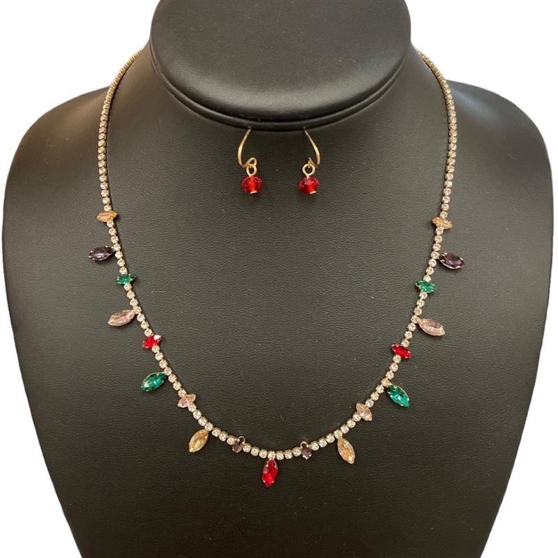 GNE1195 MULTICOLOR RHINESTONE NECKLACE &. EARRINGS SET