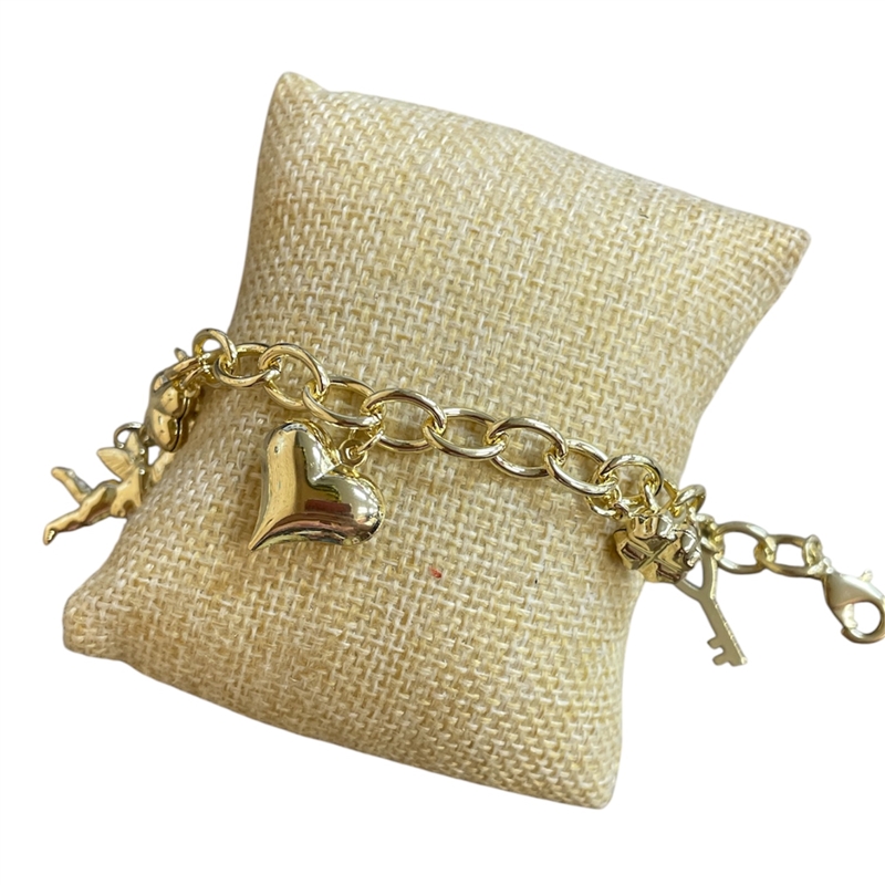 GPB05 14K GOLD PLATED HEART CHARM & ANGEL BRACELET