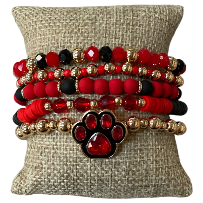 GSB19371 MULTI BEADED BLACK & RED PAW BRACELET SET