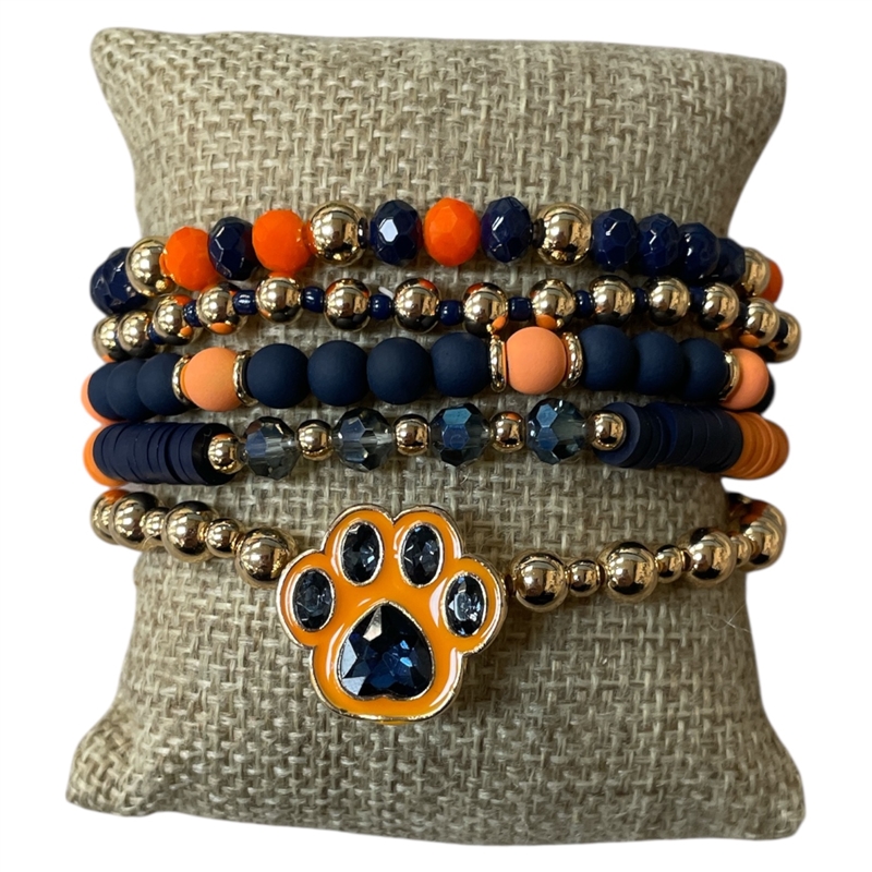 GSB19371O MULTI BEADED BLUE & ORANGE PAW BRACELET SET