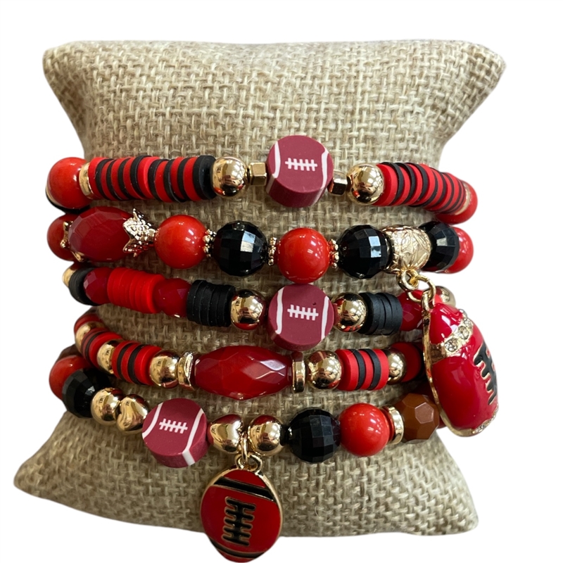 GSB2063 RED & BLACK MULTI BEADED FOOTBALL CHARMS 5 PCS BRACELET SET