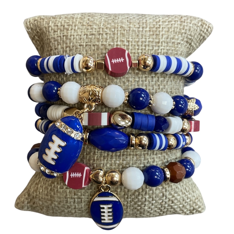GSB2063 BLUE & WHITE MULTI BEADED FOOTBALL CHARMS 5 PCS BRACELET SET