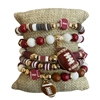 GSB2063 BURGUNDY & WHITE MULTI BEADED FOOTBALL CHARMS 5 PCS BRACELET SET