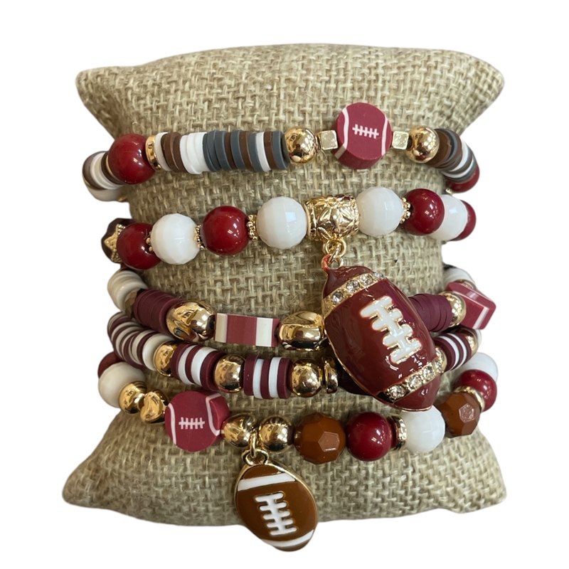 GSB2063 BURGUNDY & WHITE MULTI BEADED FOOTBALL CHARMS 5 PCS BRACELET SET