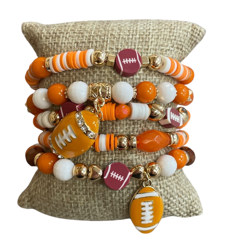 GSB2063 ORANGE & WHITE MULTI BEADED FOOTBALL CHARMS 5 PCS BRACELET SET