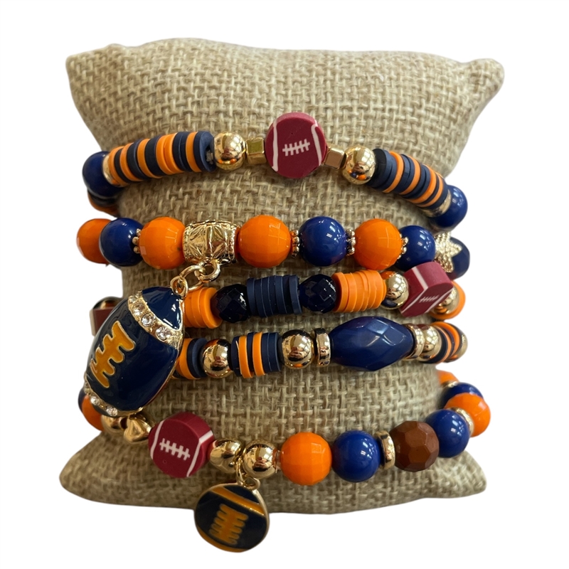 GSB2063 ORANGE & BLUE MULTI BEADED FOOTBALL CHARMS 5 PCS BRACELET SET