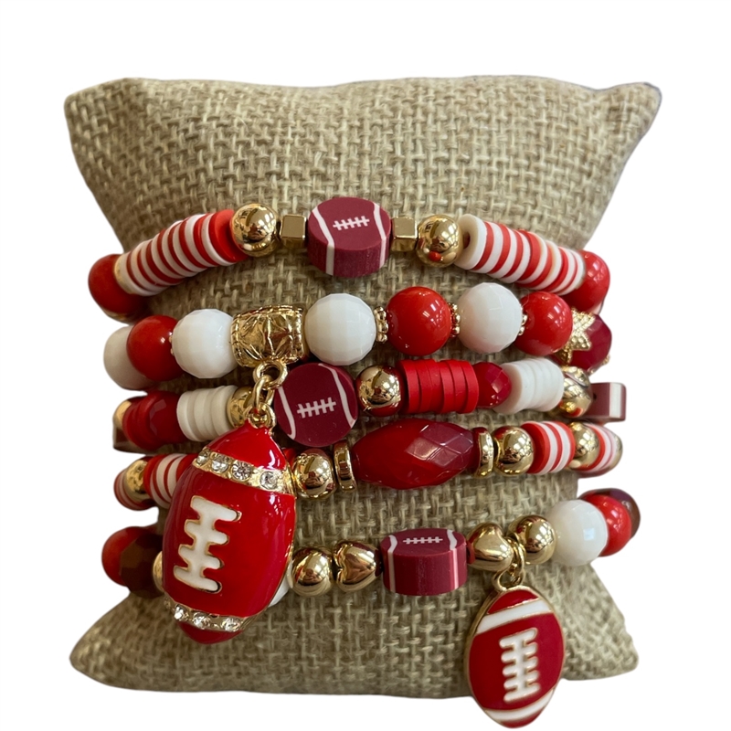 GSB2063 RED & WHITE MULTI BEADED FOOTBALL CHARMS 5 PCS BRACELET SET