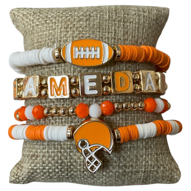 GSB2064O MULTI BEADED ORANGE & WHITE GAME-DAY BRACELET SET