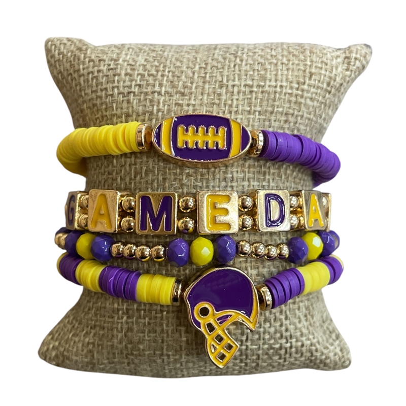 GSB2064 MULTI BEADED PURPLE & YELLOW GAME-DAY BRACELET SET