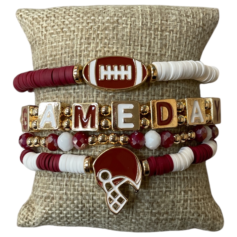 GSB2064U MULTI BEADED BURGUNDY & WHITE GAME-DAY BRACELET SET