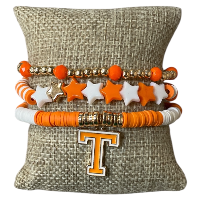 GSB2065 MULTI BEADED ORANGE & WHITE "T" BRACELET SET