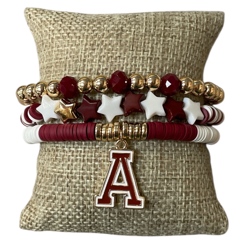 GSB2068 MULTI BEADED BURGUNDY & WHITE "A" BRACELET SET