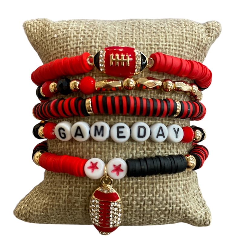 GSB2073 RED & BLACK MULTI BEADED RHINESTONE GAME DAY 5 PCS BRACELET SET