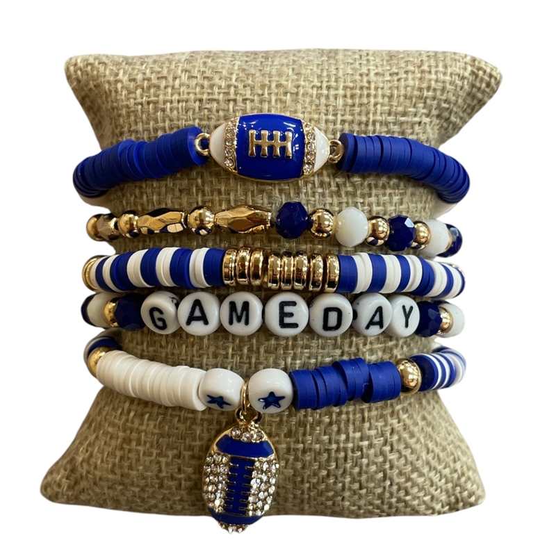 GSB2073 BLUE & WHITE MULTI BEADED RHINESTONE GAME DAY 5 PCS BRACELET SET