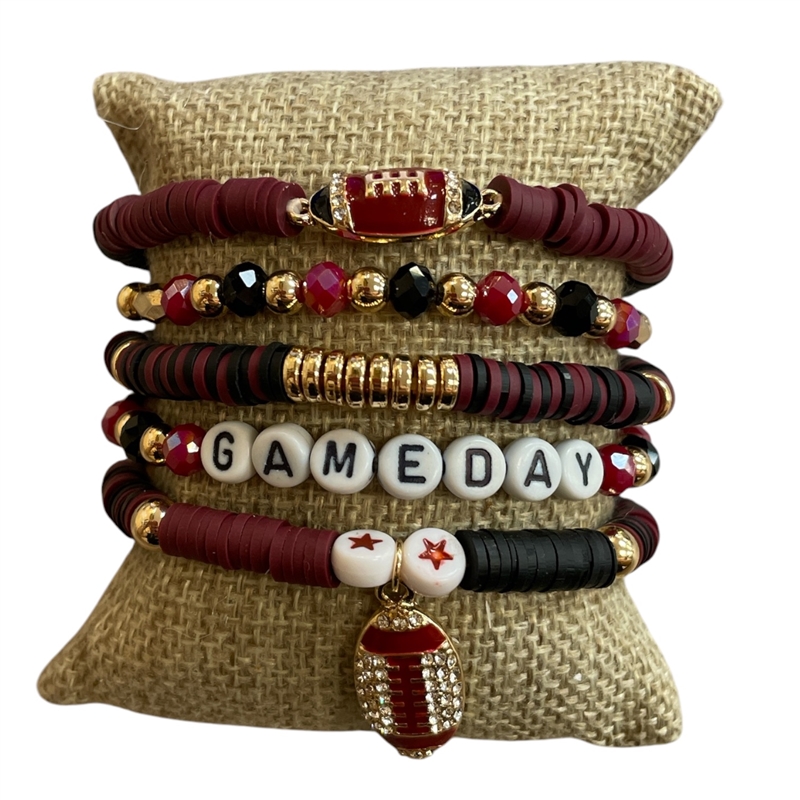 GSB2073 BURGUNDY & BLACK MULTI BEADED RHINESTONE GAME DAY 5 PCS BRACELET SET