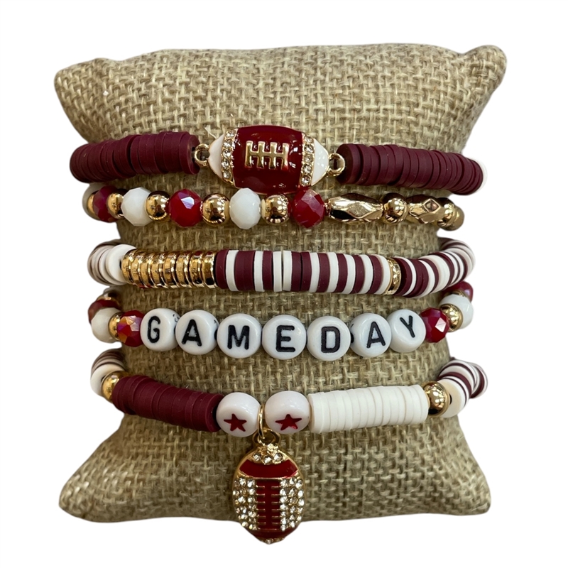 GSB2073 BURGUNDY & WHITE MULTI BEADED RHINESTONE GAME DAY 5 PCS BRACELET SET