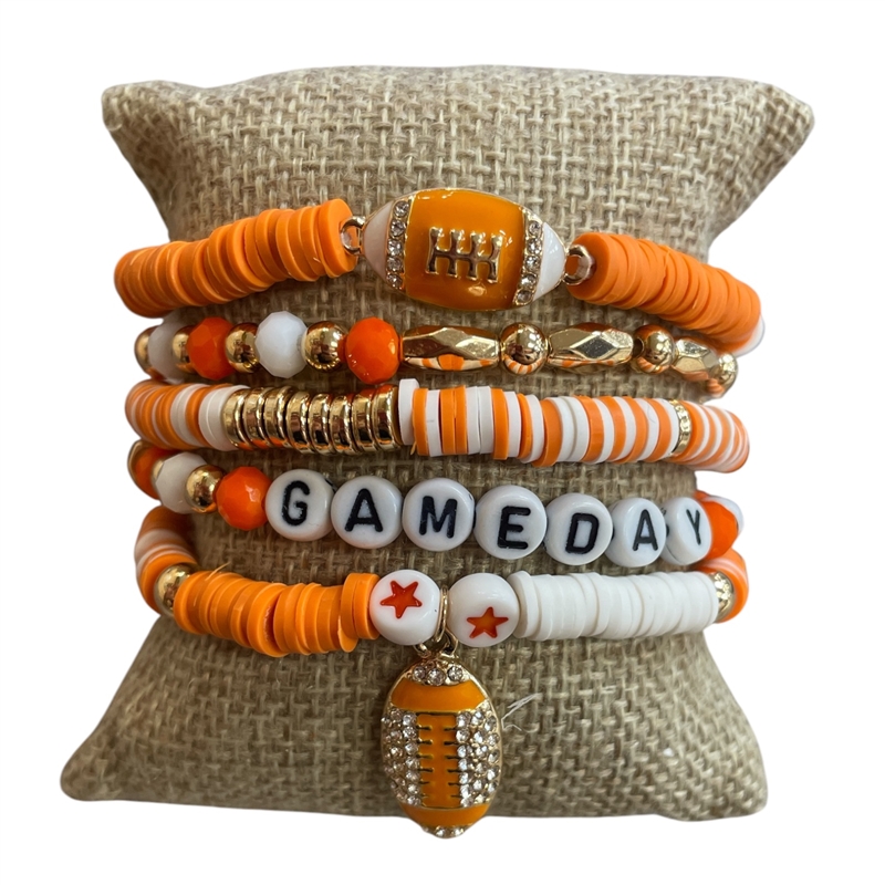 GSB2073 ORANGE & WHITE MULTI BEADED RHINESTONE GAME DAY 5 PCS BRACELET SET