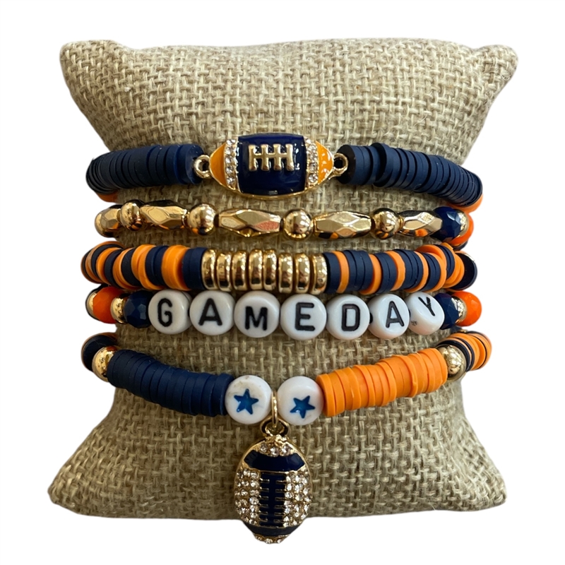 GSB2073 ORANGE & BLUE MULTI BEADED RHINESTONE GAME DAY 5 PCS BRACELET SET