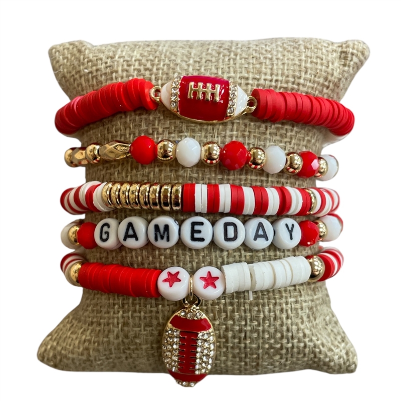 GSB2073 RED & WHITE MULTI BEADED RHINESTONE GAME DAY 5 PCS BRACELET SET