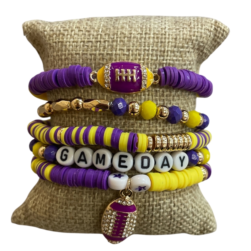 GSB2073 PURPLE & YELLOW MULTI BEADED RHINESTONE GAME DAY 5 PCS BRACELET SET