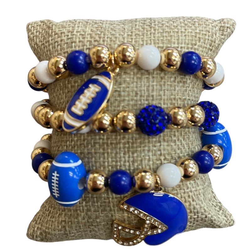 GSB2074 BLUE & WHITE MULTI BEADED RHINESTONE FOOTBALL CHARMS 3 PCS BRACELET SET
