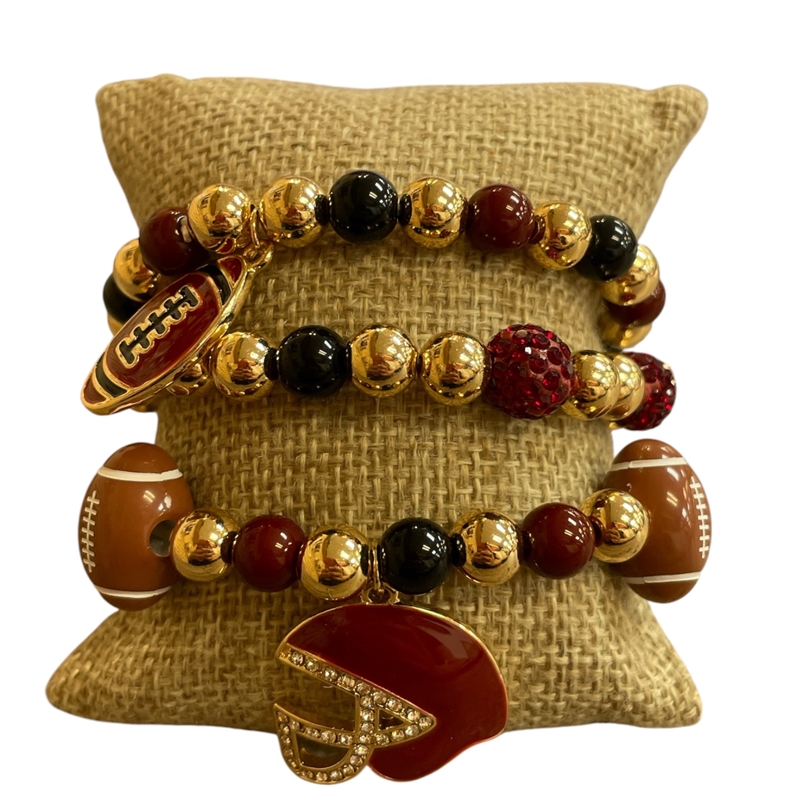 GSB2074 BURGUNDY & BLACK MULTI BEADED RHINESTONE FOOTBALL CHARMS 3 PCS BRACELET SET