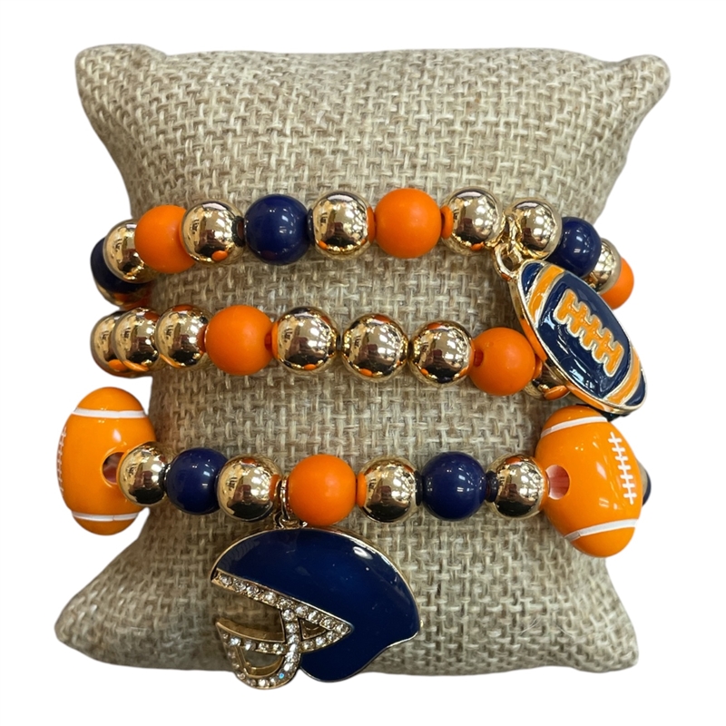 GSB2074 ORANGE & BLUE MULTI BEADED RHINESTONE FOOTBALL CHARMS 3 PCS BRACELET SET