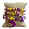 GSB2074 PURPLE & YELLOW MULTI BEADED RHINESTONE FOOTBALL CHARMS 3 PCS BRACELET SET