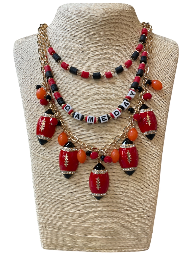 GSKN0043 MULTI BEADED LAYERED BLACK & RED GAME DAY CHARM NECKLACE