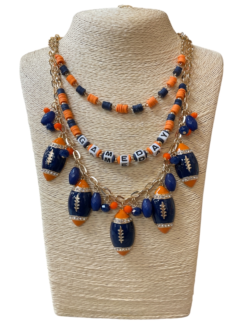 GSKN0043O MULTI BEADED LAYERED ORANGE & BLUE GAME DAY CHARM NECKLACE