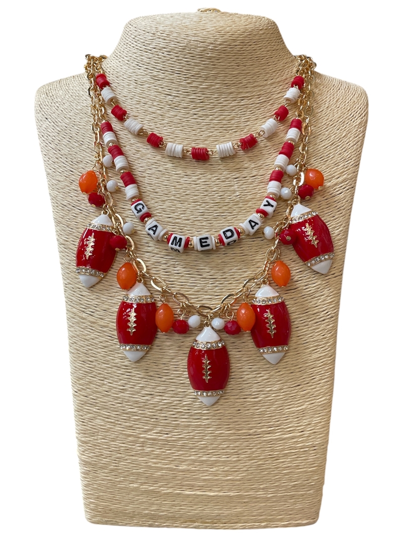 GSKN0043R MULTI BEADED LAYERED RED & WHITE GAME DAY CHARM NECKLACE