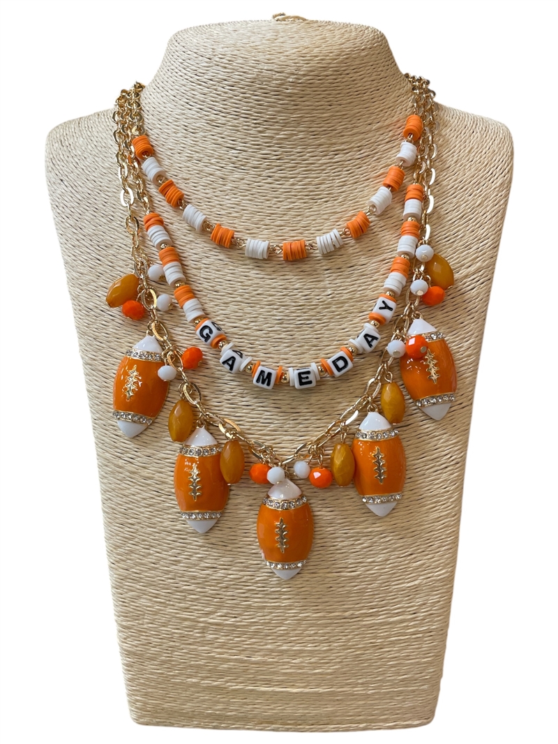 GSKN0043W MULTI BEADED LAYERED ORANGE & WHITE GAME DAY CHARM NECKLACE