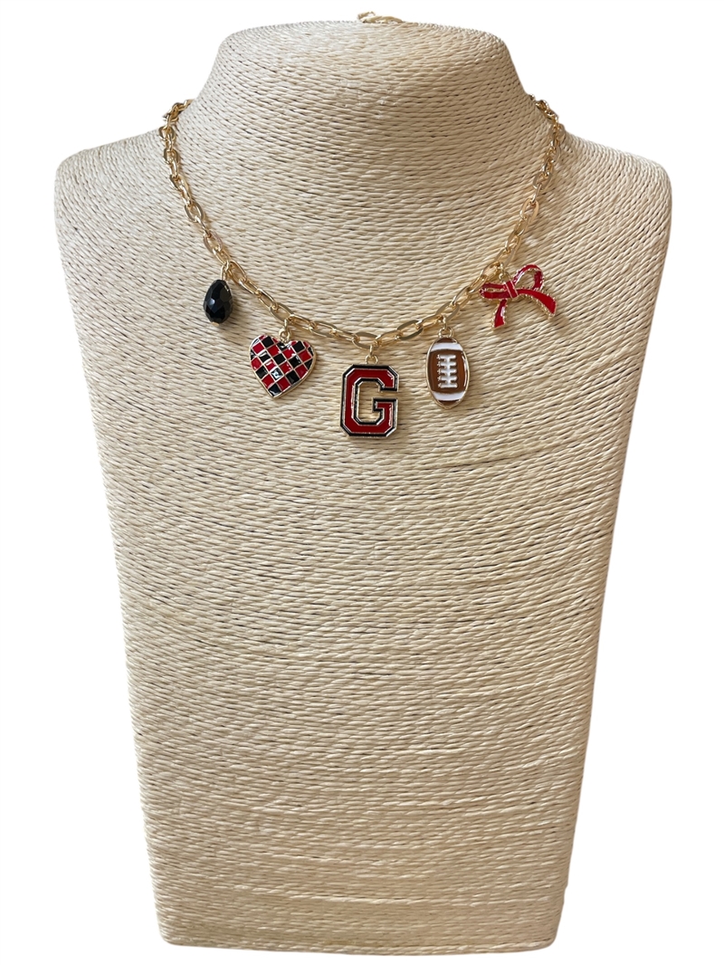 GSN1566 GOLD BLACK & RED "G" CHARM NECKLACE