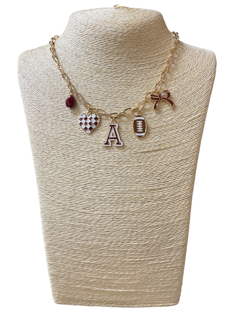 GSN1566U GOLD BURGUNDY & WHITE "A" CHARM NECKLACE